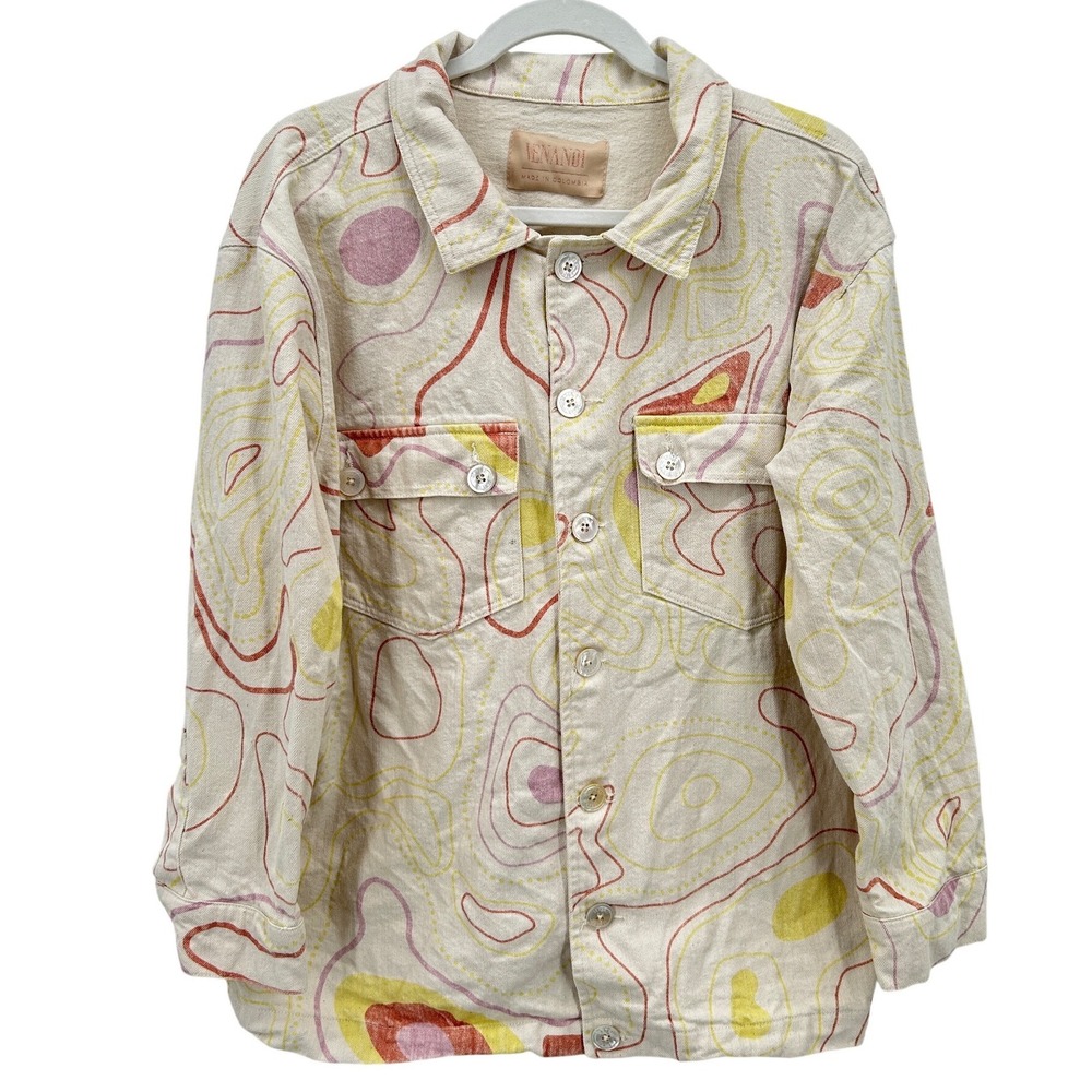 Venandi Pastel Party Denim Jacket Abstract Art Deco Print Oversized Baggy Med